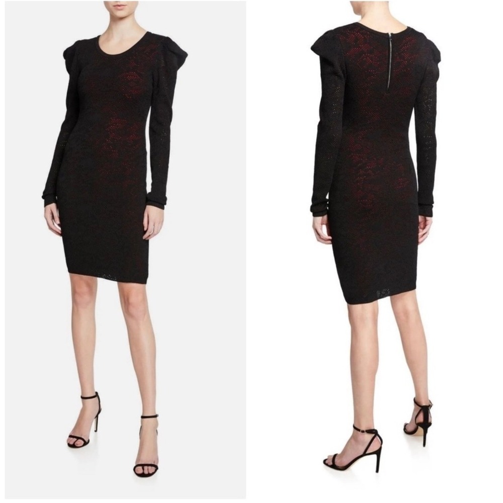 Milly Black Red Pointelle Lace Long Sleeve Puff Shoulder‎ Bodycon Dress M